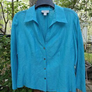 Talbots Collection sz 10 Bright Turquoise Tailored Blouse Linen/Silk